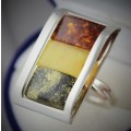 LARGE HANDCRAFT 3-COLOUR BALTIC AMBER STERLING SILVER RING HONEY, YELLOW & GREEN Incl cert of origin