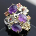 UNUSUAL HAND-CRAFTED LARGE AMETHYST, GARNET AND SAPPHIRE STERLING SILVER RING