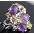 UNUSUAL HAND-CRAFTED LARGE AMETHYST, GARNET AND SAPPHIRE STERLING SILVER RING