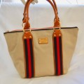 MICHAEL KORS BIEGE CANVAS SMALL TOTE. LEATHER HANDLES & STRAPS. RED & NAVY DETAIL. DUSTCOVER