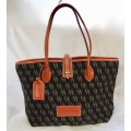 AUTHENTIC DOONEY & BOURKE SIGNATURE CANVAS AND LEATHER TOTE BAG. BLACK & TAN. COMES WITH DUSTCOVER