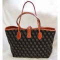 AUTHENTIC DOONEY & BOURKE SIGNATURE CANVAS AND LEATHER TOTE BAG. BLACK & TAN. COMES WITH DUSTCOVER