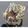 'JEWELLERY ART' LARGE SMOKY QUARTZ AFRICA-THEMED RING STERLING SILVER HAND-CRAFTED. OUTRAGEOUS & FUN