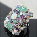 SPECTACULAR GORGEOUS MULTIPLE GEMSTONE (8ct) STERLING SILVER RING IN A MYRIAD OF COLOURS. HUGE!