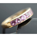 BEAUTIFUL REAL PINK SAPPHIRE CHANNEL SET 9CT YELLOW GOLD RING. 375