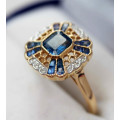 SQUARE VINTAGE DIAMOND AND SAPPHIRE 15CT YELLOW GOLD RING. *JEWELLER VALUATION R 21'648*