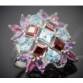 SPECTACULAR LARGE SQUARE MULTIPLE GEMSTONE STERLING SILVER RING. 925
