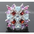 SPECTACULAR LARGE SQUARE MULTIPLE GEMSTONE STERLING SILVER RING. 925