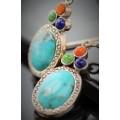 BEAUTIFUL FEMININE TURQUOISE, LAPIS LAZULI AND CORAL STERLING SILVER 925 EARRINGS REAL GEMSTONES