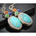 BEAUTIFUL FEMININE TURQUOISE, LAPIS LAZULI AND CORAL STERLING SILVER 925 EARRINGS REAL GEMSTONES