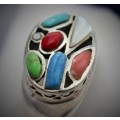 NAVAJO TURQUOISE, CORAL AND MOTHER OF PEARL HANDCRAFTED STERLING SILVER RING. 925 VINTAGE!