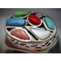 NAVAJO TURQUOISE, CORAL AND MOTHER OF PEARL HANDCRAFTED STERLING SILVER RING. 925 VINTAGE!