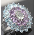 LARGE MULTI STONE AMETHYST, PERIDOT AND BLUE TOPAZ STERLING SILVER CLUSTER RING. 925