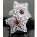 STERLING SILVER STAR SHAPED STUD EARRINGS WITH REAL BLACK OPALS, RED RUBIES AND TANZANITE.