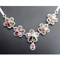 PRETTY FLOWER DESIGN TOURMALINE AND TOPAZ STERLING SILVER NECKLACE. REAL STONES BEAUTIFUL COLOURS