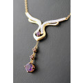 PRETTY & UNUSUAL AMETHYST AND DIAMOND STERLING SILVER NECKLACE. GOLD HUE FINISH