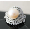 LARGE FLAMBOYANT FRESHWATER PEARL AND CRYSTAL STERLING SILVER RING. 925