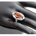 VINTAGE SCROLL DESIGN BALTIC AMBER AND STERLING SILVER RING. 925. AUTHENTIC AMBER FROM POLAND.