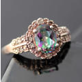 UNUSUAL MYSTIC TOPAZ AND DIAMOND STERLING SILVER RING. 925. LIMITED EDITION HALLMARK