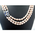 SUMPTUOUS TRIPLE STRAND NATURAL PINK PEARL NECKLACE.  REAL BLUE SAPPHIRE GEMSTONES STERLING SILVER