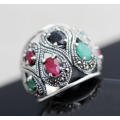 DRAMATIC DOMED REAL RUBY, EMERALD AND SAPPHIRE OPENWORK STERLING SILVER RING. LARGE! 925