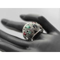 DRAMATIC DOMED REAL RUBY, EMERALD AND SAPPHIRE OPENWORK STERLING SILVER RING. LARGE! 925