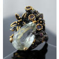 DRAMATIC HANDCRAFTED LARGE GREEN AMETHYST & GARNET STERLING SILVER RING. JEWELLERY ART! HEAVY!
