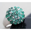 GLAMOROUS NATURAL EMERALD CLUSTER STERLING SILVER RING. 925. LARGE, BOLD! A HEAVY 12,35 grams