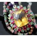 CITRINE, RUBY AND EMERALD PENDANT. RICH COLOURS! HEAVY STERLING SILVER AND TOURMALINE NECKLACE