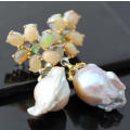 HANDMADE BAROQUE PEARL, FIRE OPAL AND EMERALD STERLING SILVER EARRINGS. BIG!