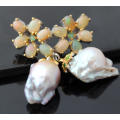 HANDMADE BAROQUE PEARL, FIRE OPAL AND EMERALD STERLING SILVER EARRINGS. BIG!