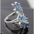 GORGEOUS LONG REAL BLUE SAPPHIRE STERLING SILVER RING. EXTENDED LEAF DESIGN