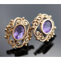 VINTAGE 9CT YELLOW GOLD FILIGREE STUD EARRINGS WITH OVAL FACETED AMETHYSTS. 375