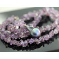 POLISHED NATURAL AMETHYST AND STERLING SILVER BEAD NECKLACE WITH BLACK BAROQUE PEARL PENDANT