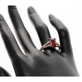 ENGLISH VINTAGE BAGUETTE-CUT GARNET 9CT YELLOW & WHITE GOLD RING WITH DIAMOND ACCENTS. RICH COLOURS!