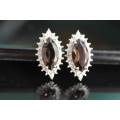VINTAGE MARQUISE CUT SMOKY QUARTZ 9CT GOLD STUD EARRINGS WITH DIAMOND ACCENTS. 375