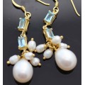 SKY BLUE TOPAZ AND NATURAL PEARL GOLD-HUED STERLING SILVER DROP&DANGLE EARRINGS. 925