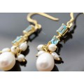 SKY BLUE TOPAZ AND NATURAL PEARL GOLD-HUED STERLING SILVER DROP&DANGLE EARRINGS. 925