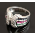 SOLID HEAVY STERLING SILVER RUBY, EMERALD AND SAPPHIRE RING WITH SMALL DIAMOND ACCENT. 925