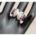 SOLID HEAVY STERLING SILVER RUBY, EMERALD AND SAPPHIRE RING WITH SMALL DIAMOND ACCENT. 925