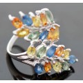 GORGEOUS NATURAL SONGEA MINED 3,23 ct SAPPHIRES STERLING SILVER RING ALL NATURAL COLOURS 7,13 gm