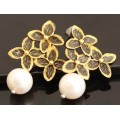 UNUSUAL STERLING SILVER EARRINGS. NATURAL BAROQUE PEARLS. LARGE TACTILE TRI-FLOWER FEATURE