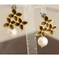 UNUSUAL STERLING SILVER EARRINGS. NATURAL BAROQUE PEARLS. LARGE TACTILE TRI-FLOWER FEATURE