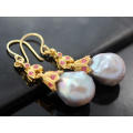 GORGEOUS RUBY AND GREY BAROQUE PEARL GOLD-HUED STERLING SILVER DROP & DANGLE EARRINGS. 925