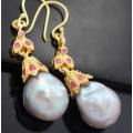 GORGEOUS RUBY AND GREY BAROQUE PEARL GOLD-HUED STERLING SILVER DROP & DANGLE EARRINGS. 925