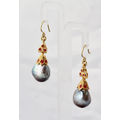 GORGEOUS RUBY AND GREY BAROQUE PEARL GOLD-HUED STERLING SILVER DROP & DANGLE EARRINGS. 925