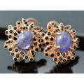 UNUSUAL FLORAL TANZANITE AND BLACK SPINEL ROSE GOLD-HUED STERLING SILVER EARRINGS. 925