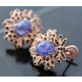UNUSUAL FLORAL TANZANITE AND BLACK SPINEL ROSE GOLD-HUED STERLING SILVER EARRINGS. 925