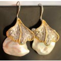 DRAMATIC HANDCRAFTED GORGEOUS BAROQUE PEARL STERLING SILVER DROP & DANGLE EARRINGS GOLD-HUED ACCENTS
