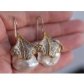 DRAMATIC HANDCRAFTED GORGEOUS BAROQUE PEARL STERLING SILVER DROP & DANGLE EARRINGS GOLD-HUED ACCENTS
